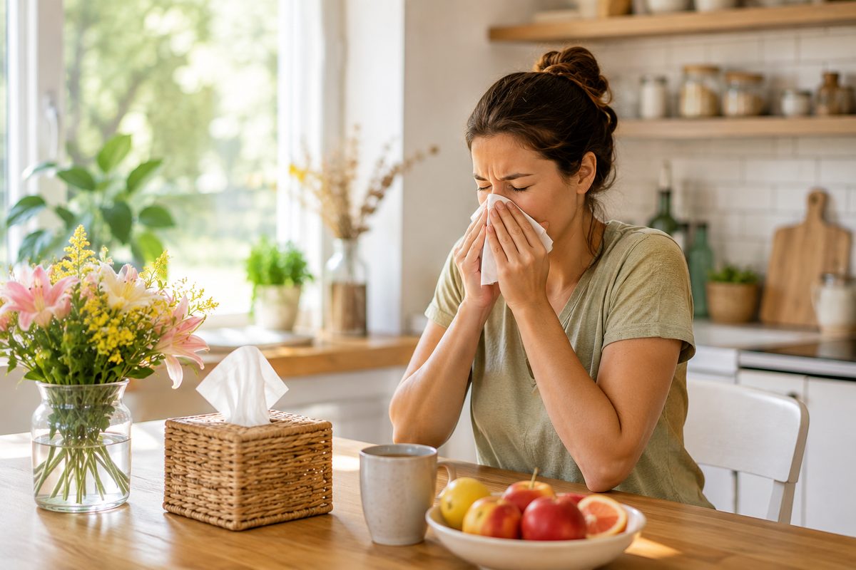 Woman blowing her nose with a tissue at a kitchen table