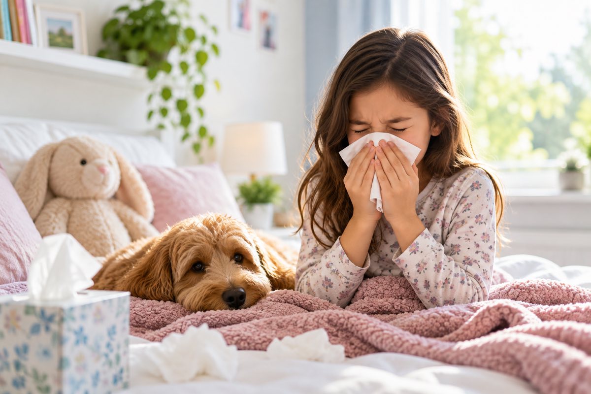 Girl sneezing into a tissue in bed beside a dog