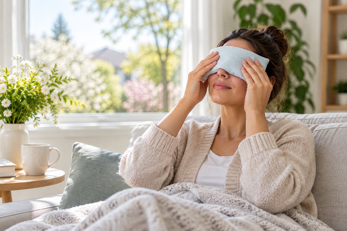 Woman resting on a sofa with a cool compress over her eyes